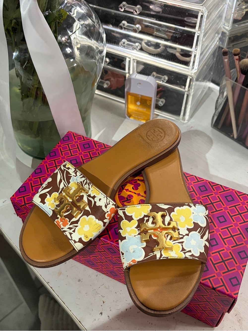 Tory Burch Brown Leather Floral Slide Sandals with Yellow & Light Blue Flowers